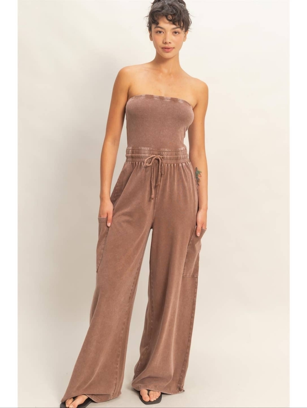 Double Zero Cocoa Acid Wash Tube Top Cargo French Terry Jumpsuit